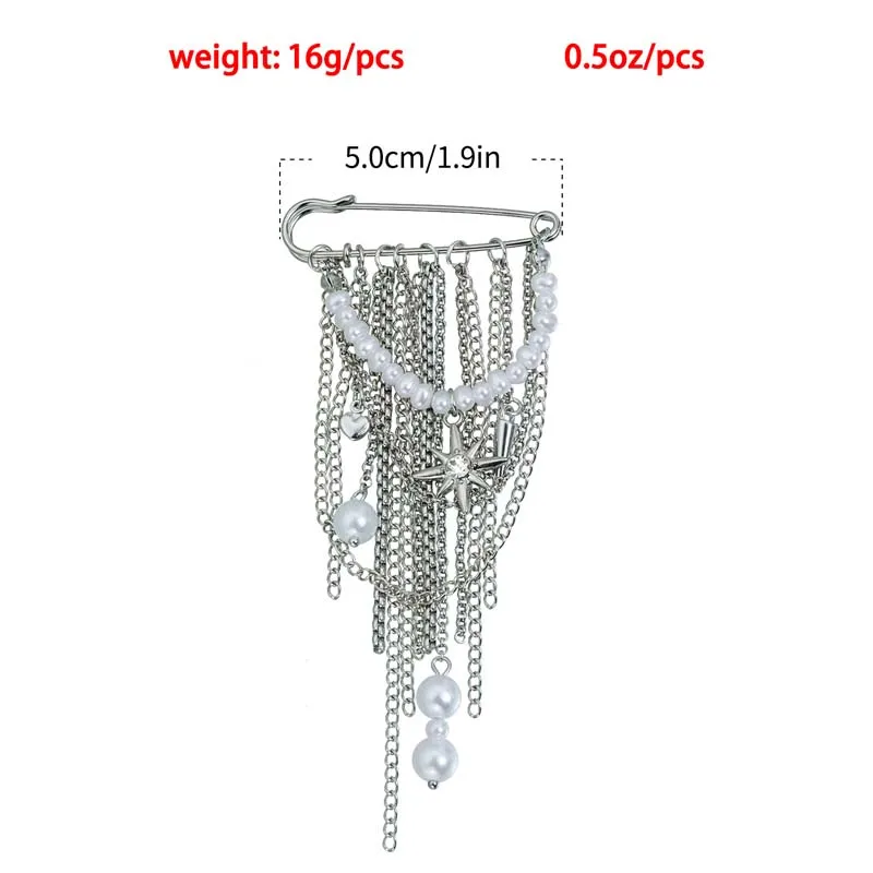 Metal Heart Tassel Brooch Exaggerated Silver Color Pearl