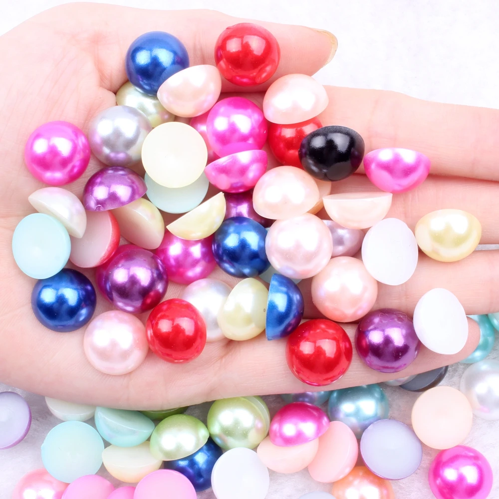 

14mm Half Round Pearls 50pcs Many Colors Flatback Round Shiny Glue On Resin Beads DIY Jewelry Nails Art Decorations