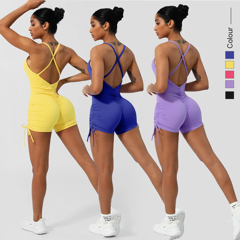 Women Yoga Jumpsuit Cross Back Padded Fitness Set Drawstring Bottom Sleeveless Beauty Back Running Workout Jumpsuit