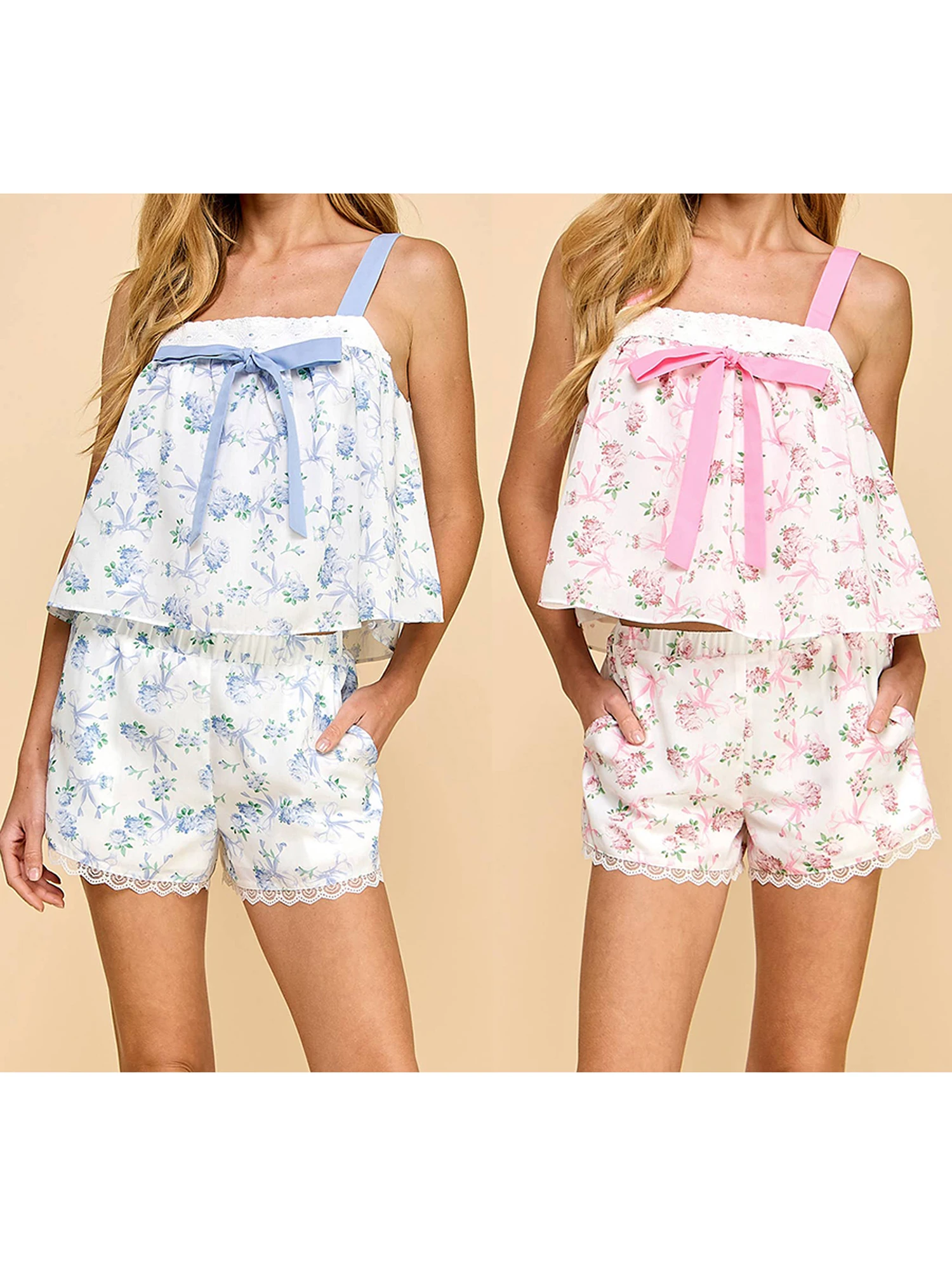Floral Lace Trim Camisole and Shorts Set for Women 2 Piece Pajamas with Elastic Waistband Soft Loungewear Sleepwear