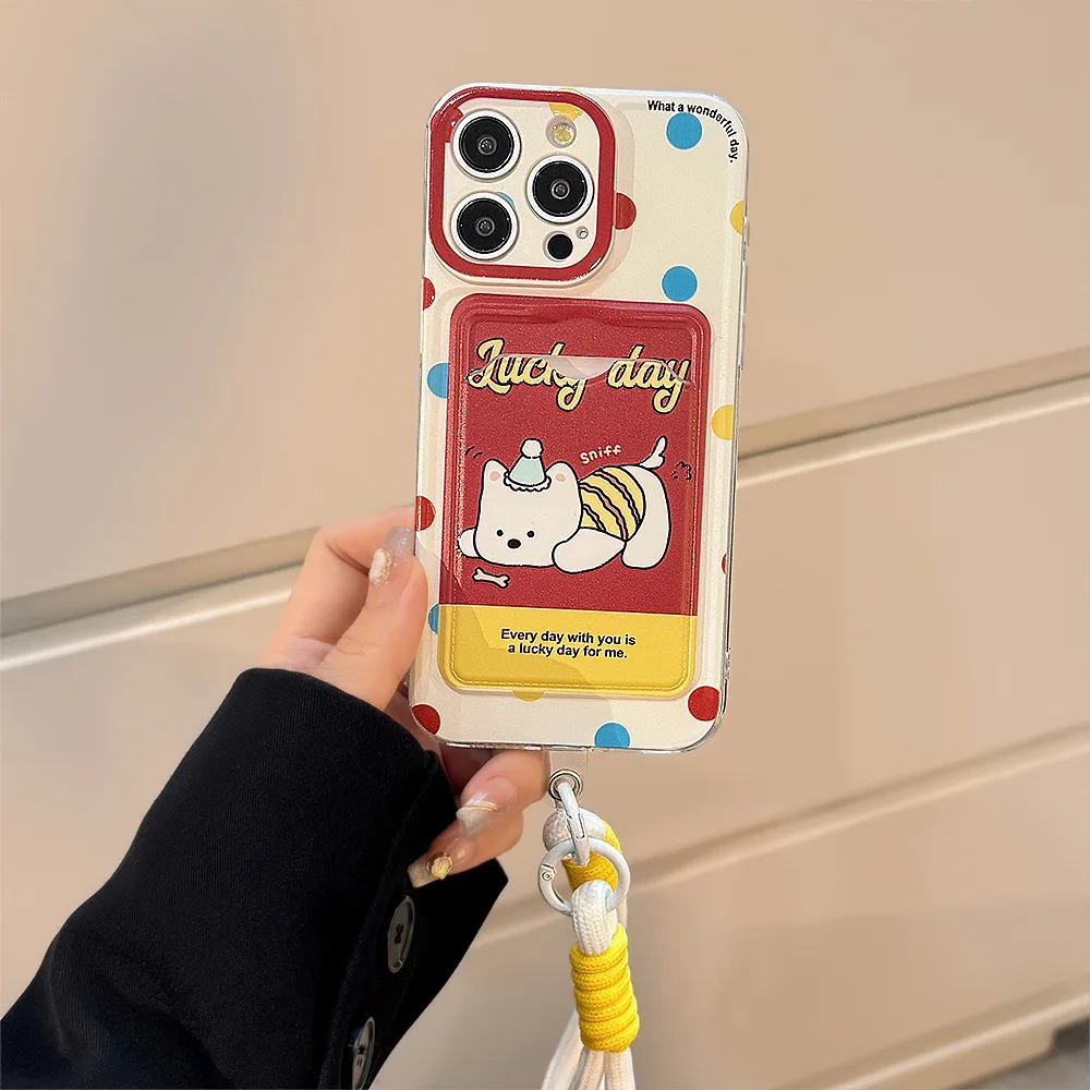 Chic Polka Dot Phone Case with Puppy Stand & Lanyard