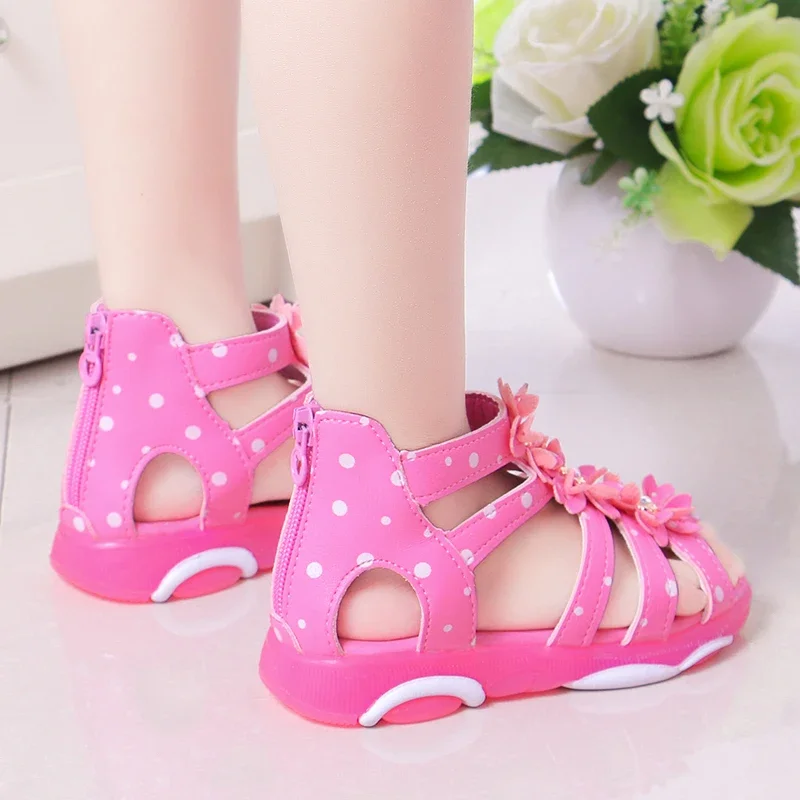 Girls Sandals Flowers Kids Roman Sandals Children Gladiator Shoes Soft Leather With Dots Zipper Pearl Beading Toddler 1-12 Years kids shoes children sandals kids sandals