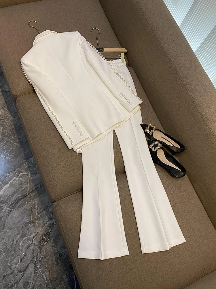 Spring Autumn Delicacy Beads Lady Office Suit Long Sleeve Single Button Blazer Flared Pants Women Solid 2Pcs 2