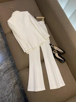 Spring Autumn Delicacy Beads Lady Office Suit Long Sleeve Single Button Blazer Flared Pants Women Solid 2Pcs 2