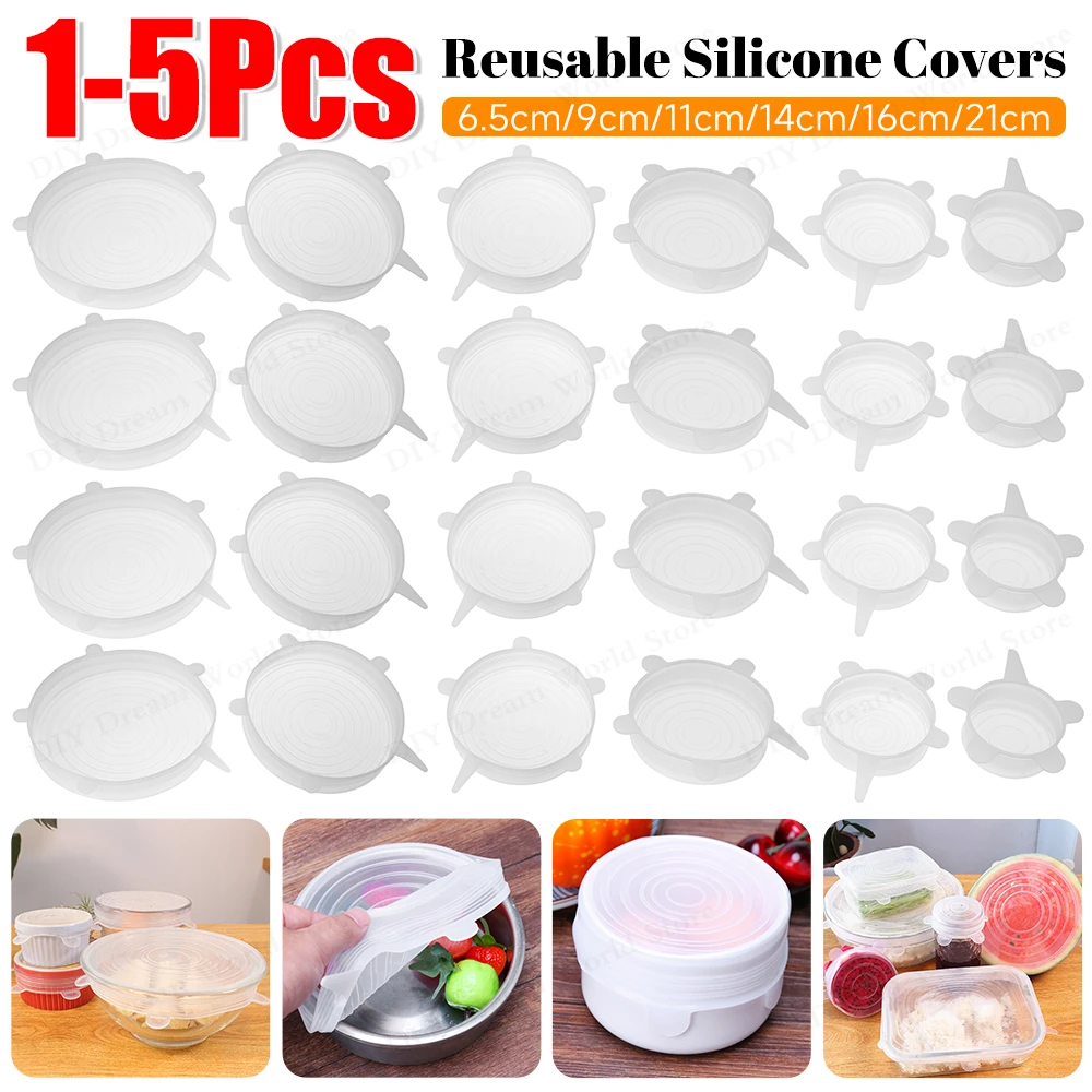 Silicone preservation cover 1/5pcs Silicone Preservation Cover Reusable Airtight Food Universal Dish Stretch Round Lids Food Grade Storage Covers For Kitchen