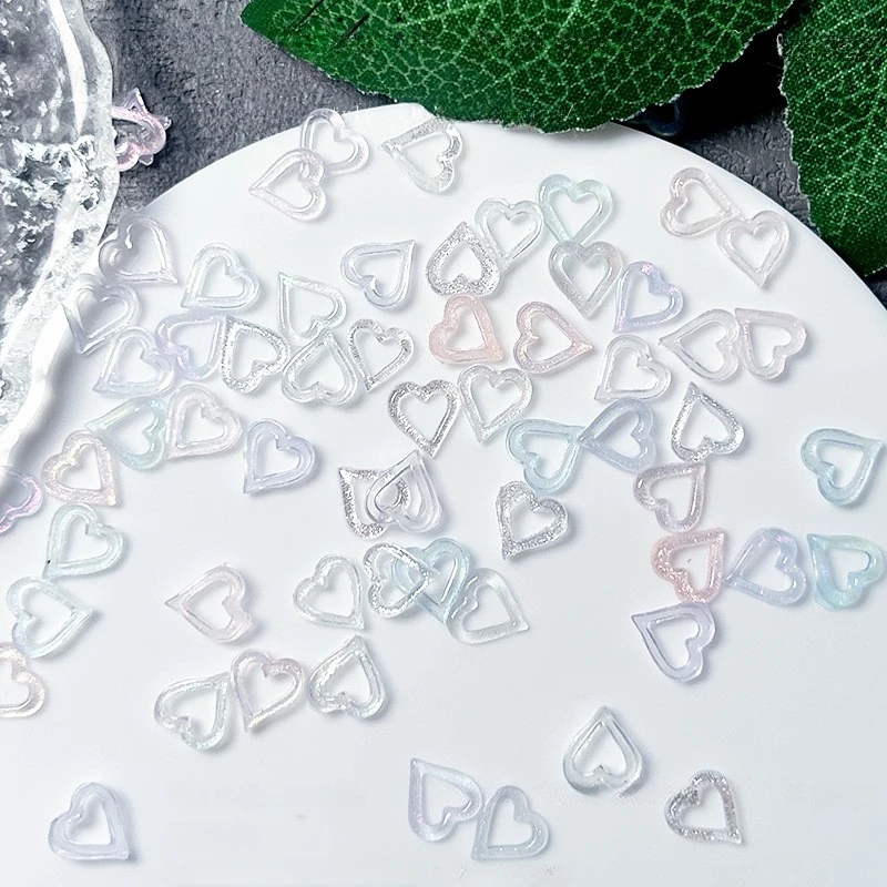 50Pcs 할로우 하트 오각형 네일 아트 매력 장식 부품 새로운 혼합 얼음 투명 러브 스타 3D 수지 네일 액세서리 DIY