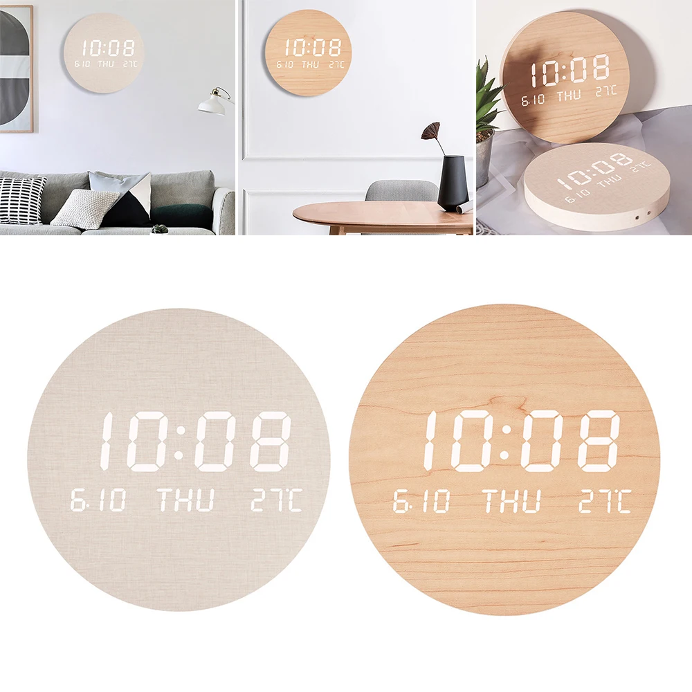 

LED Digital Wall Clock Imitation Cotton/Wooden Style Temperature Date Time Display Silent Alarm Clock Multifunction Clock