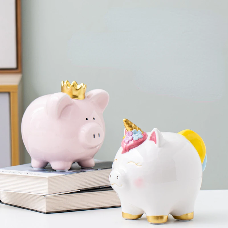 

Ceramic Coin Money Box Savings Living Room Cute Piggy Bank Cartoon Toy Ornament Mystery Box Counter Office tirelire Home Decor
