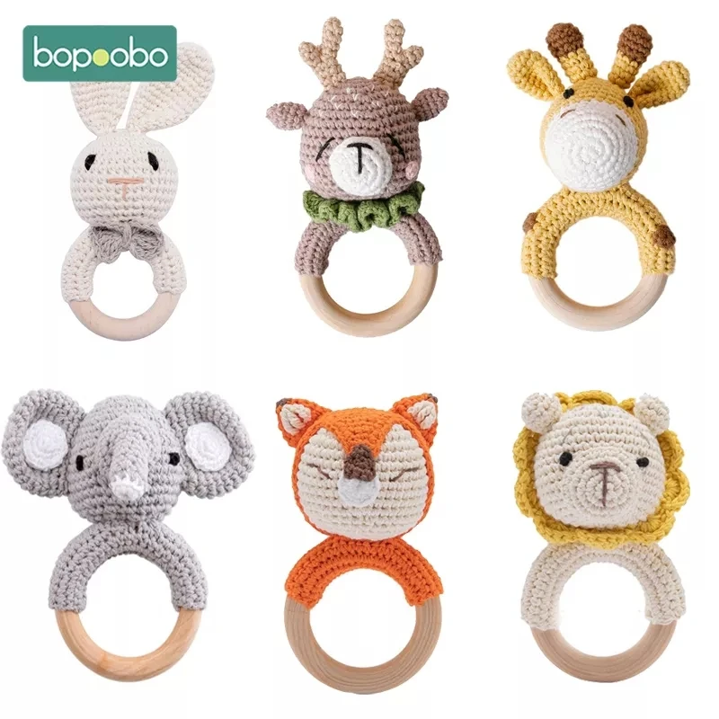 Bopoobo 1pc Baby Rattles Crochet Bunny Rattle Toy Wood Ring Baby Teether Rodent Baby Gym Mobile Rattles Newborn Educational Toys