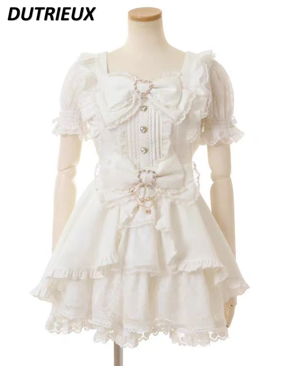 Japanese Cute Girl Mass-produced Square Neck Short-sleeved Slim-fit Dress Sweet Bow Lace Ruffle Edge Dresses and Base Skirt lolita dress lolita suspender dress lolita cosplay costumes suspender dress lolita skirt lolita blouses