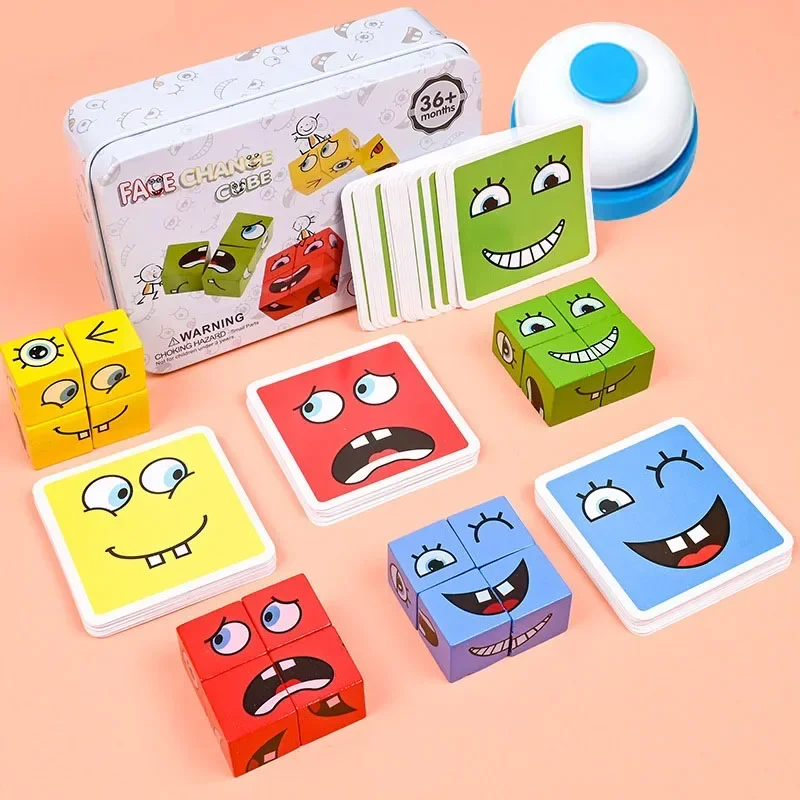 Cube Face Change Building Blocks Board Game Wood Puzzle Montessori Expression Wooden Blocks for Children Kids Toys Gift