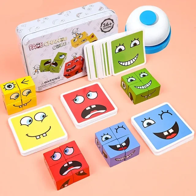 Cube Face Change Building Blocks Board Game Wood Puzzle Montessori Expression Wooden Blocks Blocos for Children Kids Toys Gift 1