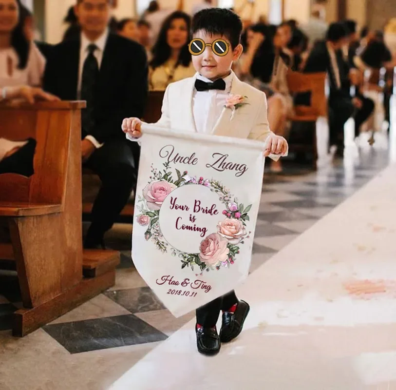 1pc flower girl guide card flag wedding location props Here comes the bride text picture pattern can be personalized