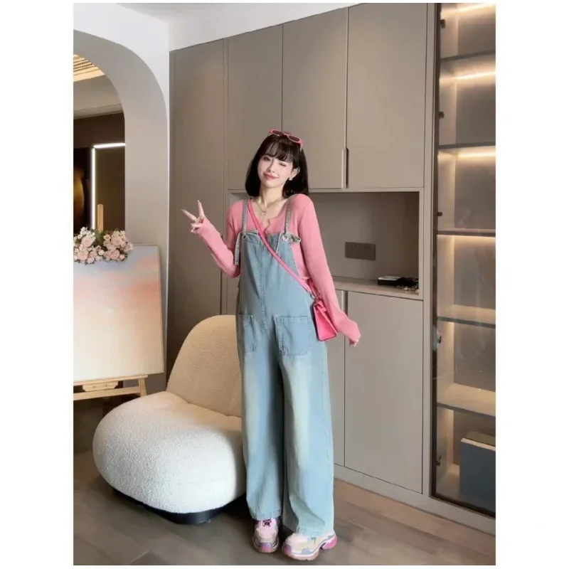 다용도 데님 턱받이 팬츠, 단색 가디건, 탑루즈핏, 세트 용수철 시즌, 2024 출산 패션, 신상