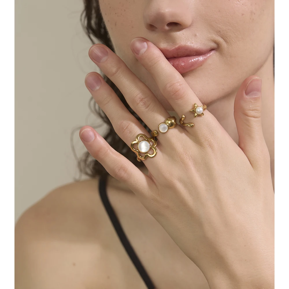 Yhpup Stainless Steel Simulated Pearl Flower Ring