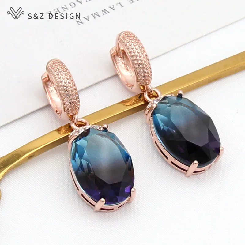 S&Z DESIGN Fashion Oval Egg Shape Imitation Tourmaline Dangle Earrings For Women Wedding Party 585 Rose Gold Color Jewelry