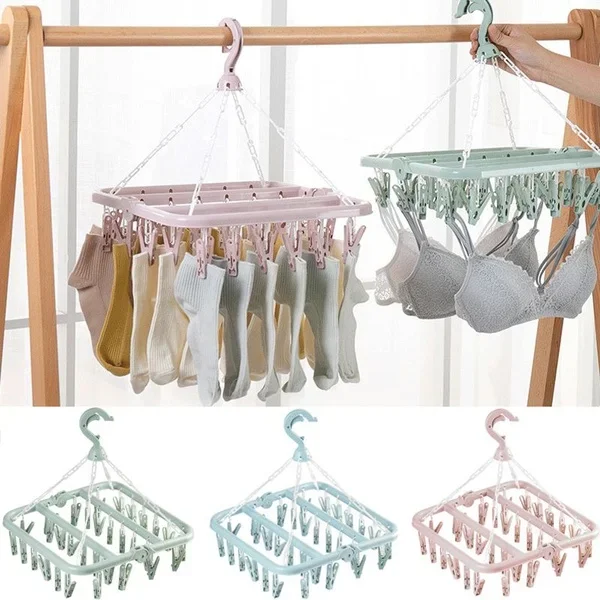 32 Clips Folding Clothes Hanger Children Adults Pants Dryer Windproof Socks Underwear Plastic Drying Rack Home Accessory clothes drying rack clothes hangers plastic hanger clothes drying clips