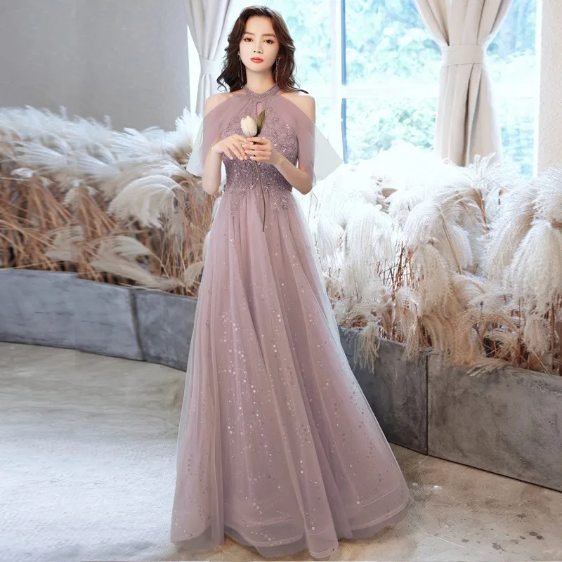 Evening Gowns Champagne Glitter Bridesmaid Dresses Elegant Halter