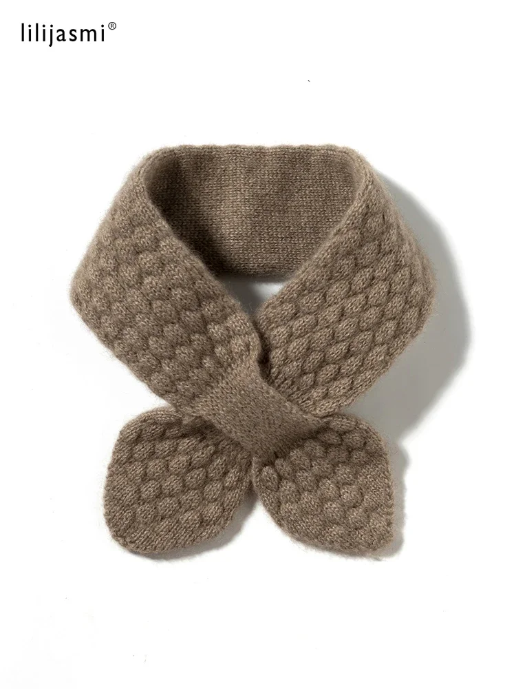 Women 100% Pure Cashmere Knitted Small Bowknot Scarf Neckerchief Moss Stitch Soft Neck Warmer Ring Collar Female Boutique Acc 4
