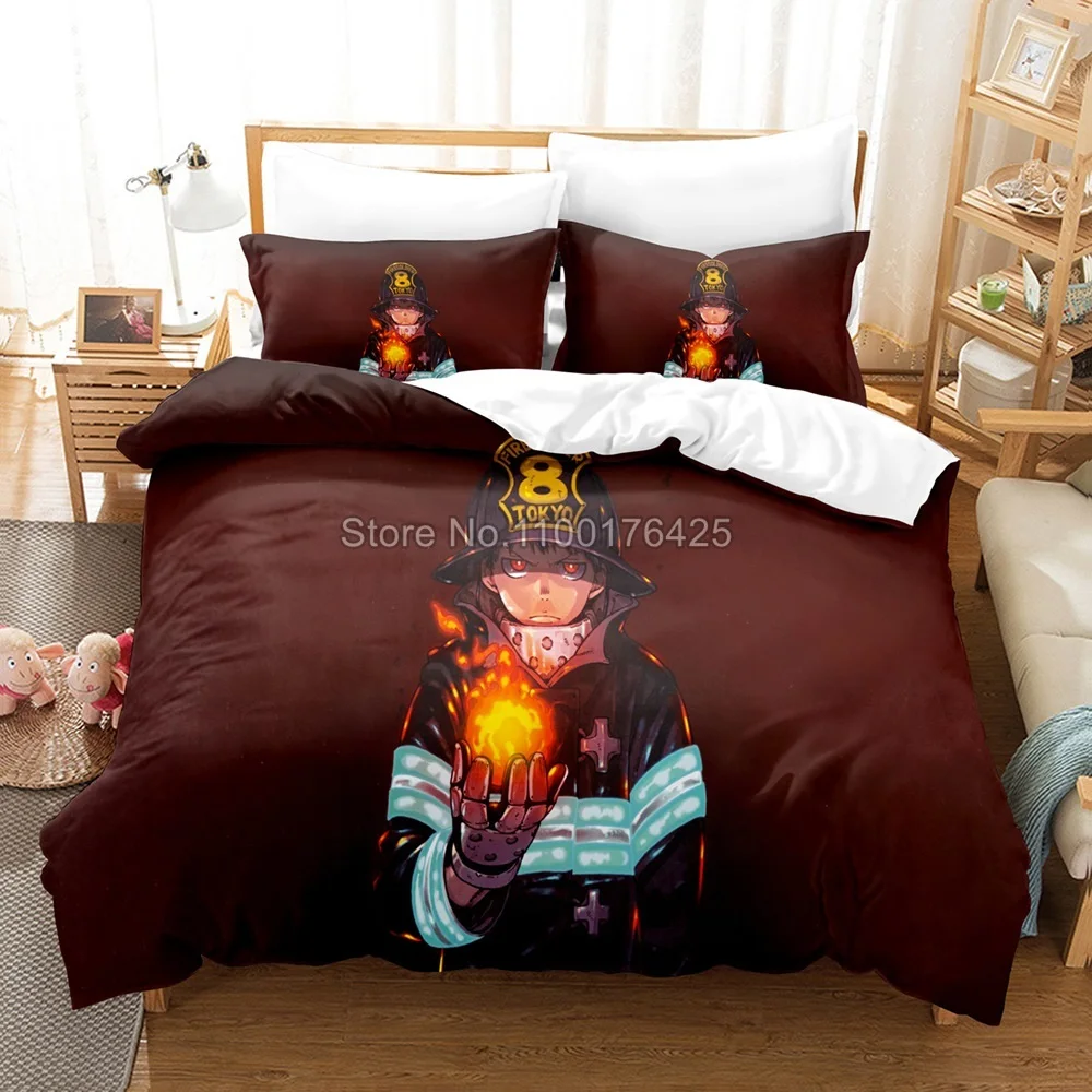 Anime Fire Force Bedding Set King Size Comforter Game Pillow Case Trapunta Copripiumino Cartoon Bedroom Home Textiles