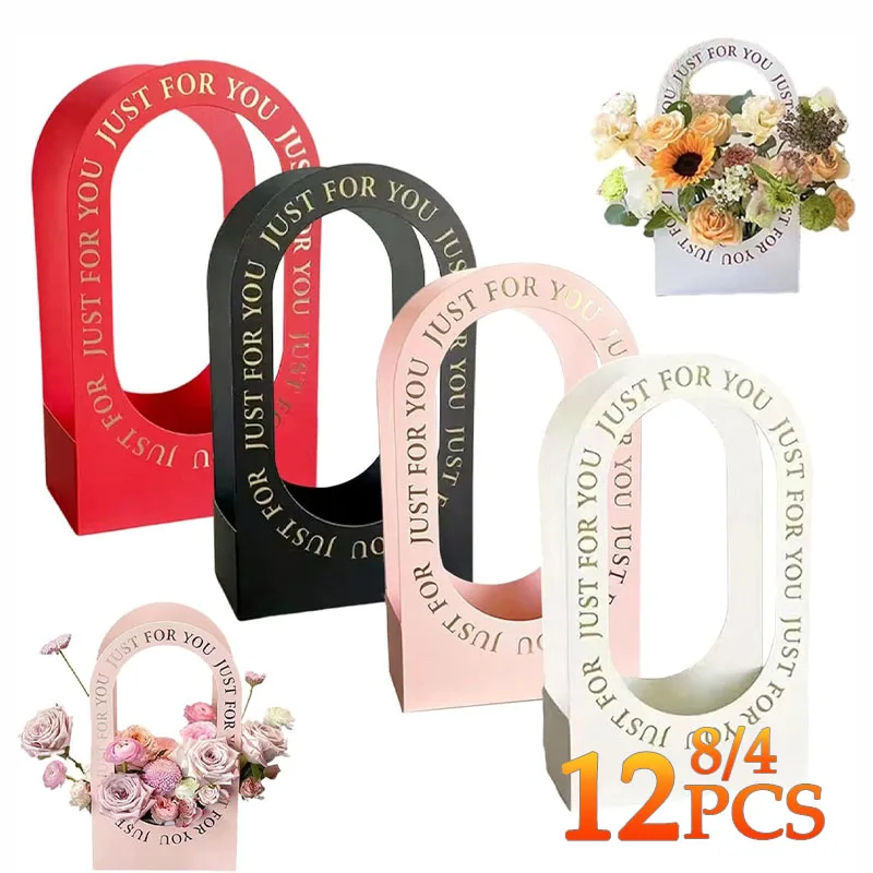 4-12PCS Valentine's Day Hollow Folding Handheld Flower Basket Simple Flower Box Paper Handbag Gift Arrangement Box