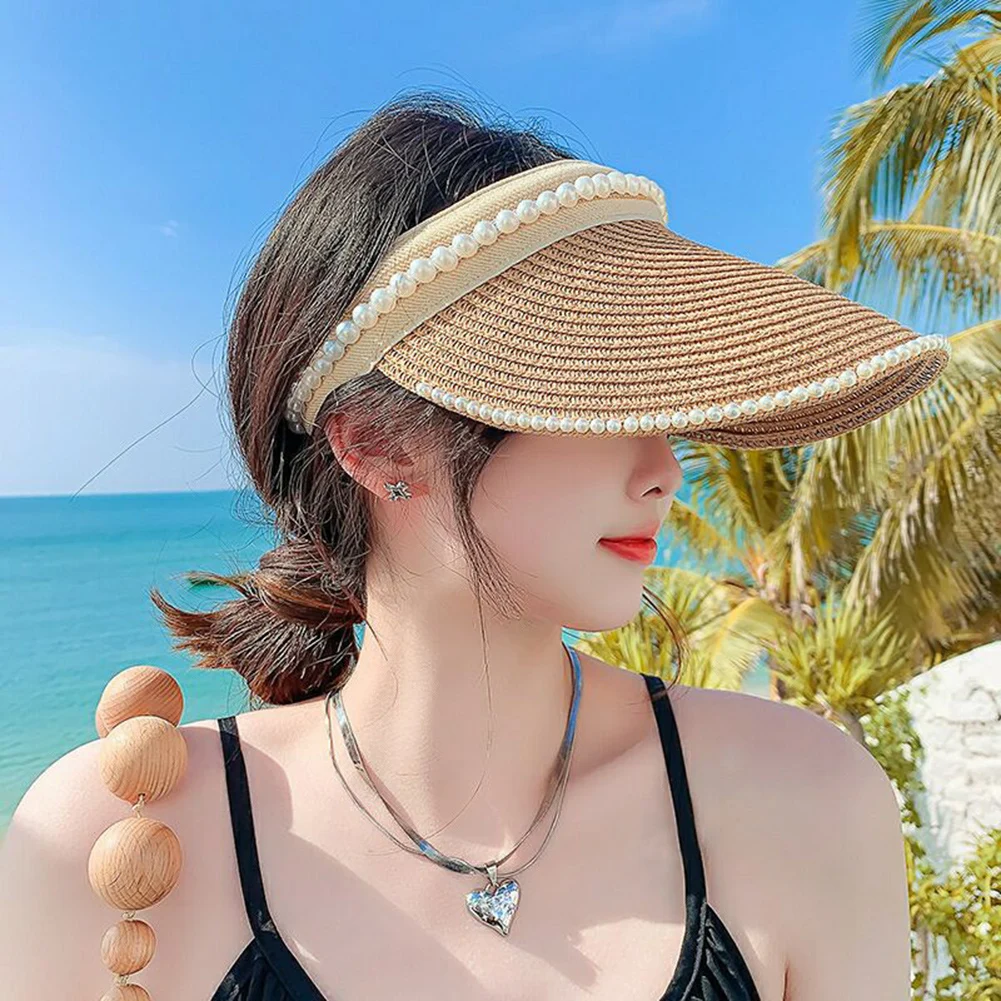 

Summer Women Sun Hat Anti Uv Female Outdoor Adjustable Hand Made Straw Hat 2023 Ladies Fashion Pearl Empty Top Beach Visor Cap