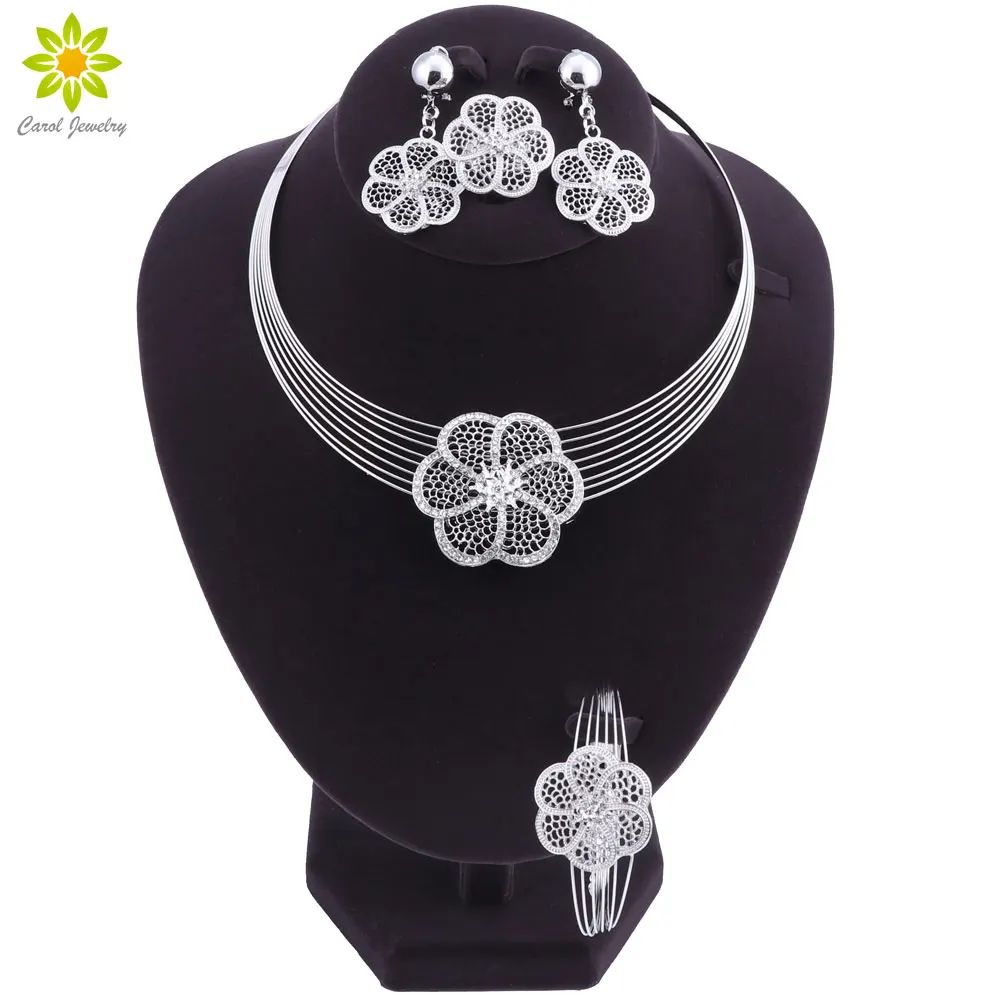 Vintage Rhinestone Flower Pendant Necklace Earrings Bracelet Ring Set Silver Color African Bridal Wedding Costume Jewelry Sets bridal jewelry sets crystal jewelry sets