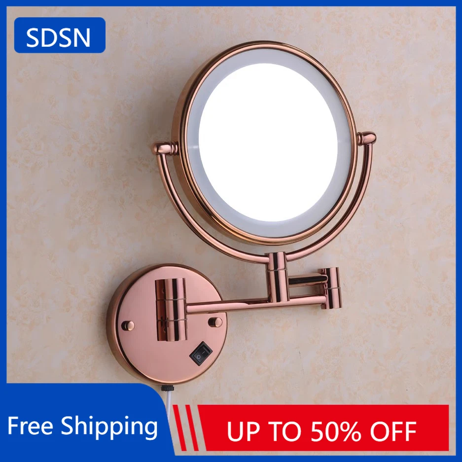 14381-b3dec2.jpg Rose Gold Led Folding Bathroom Mirror Wall Mounted Lighted Home Hotell Bathroom Makeup Mirror 5X Magnifying Plug Bath Mirrors - Image 1