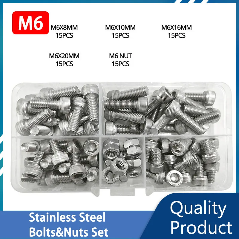 

Stainless Steel 304 Bolts And Nuts M6 Hexagon Hex Socket Cap Head Bolt Metric Thread Screw Metalworking Locking Assortment Kit