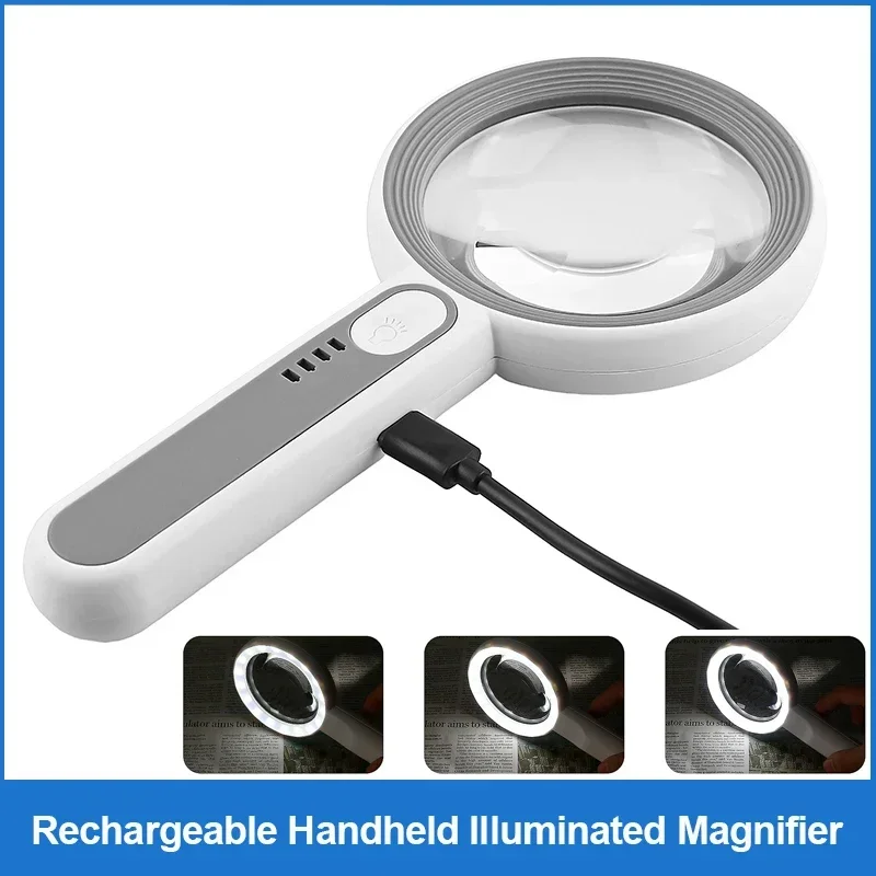 Rechargeable Handheld Magnifier 12X with LED Light 3 Modes for Seniors Reading Jewelry Craft Repair Inspection