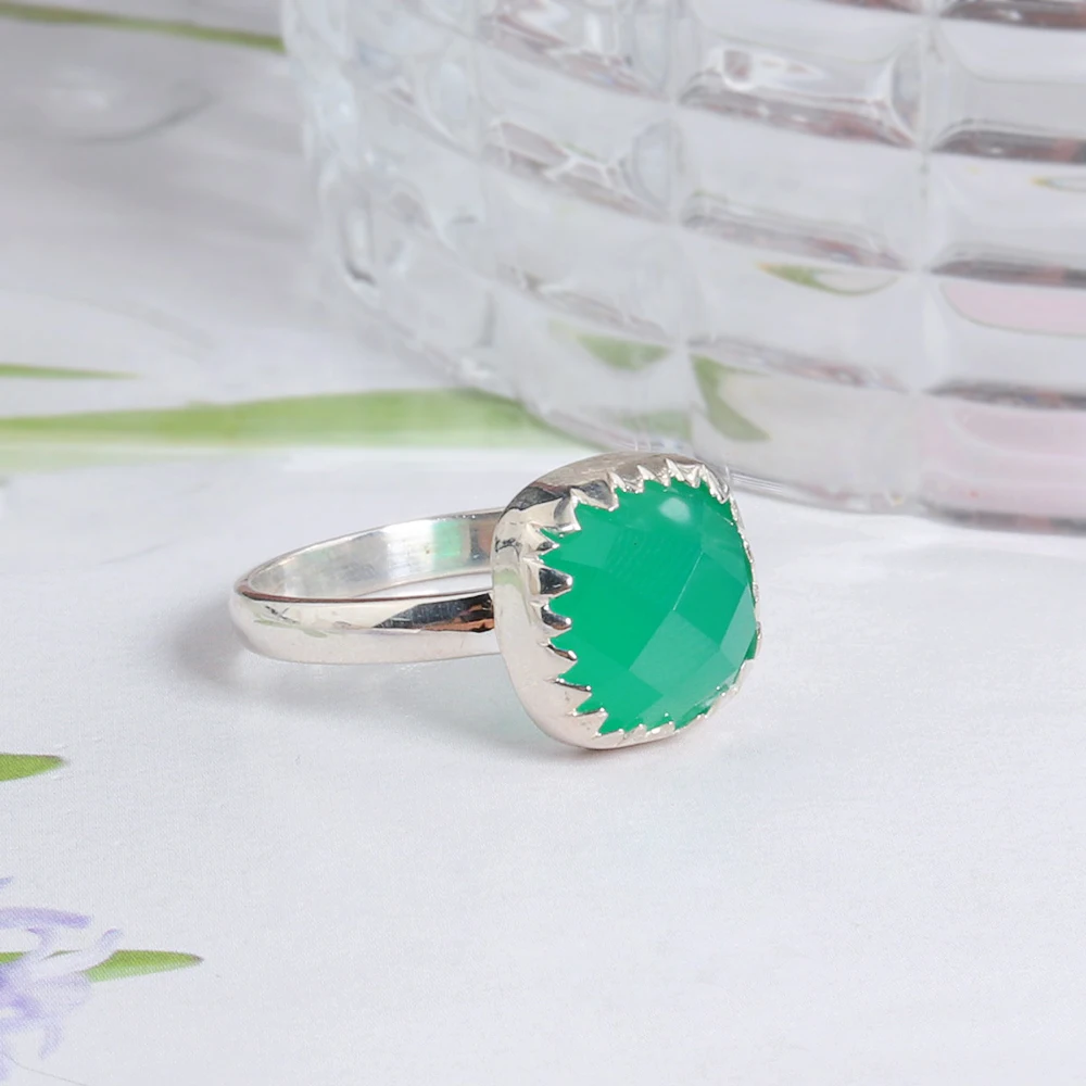 Natural green agate ring  cushion 11mm rose cut gemstone fine jewelry for women 925 sterling silver anniversary party wear