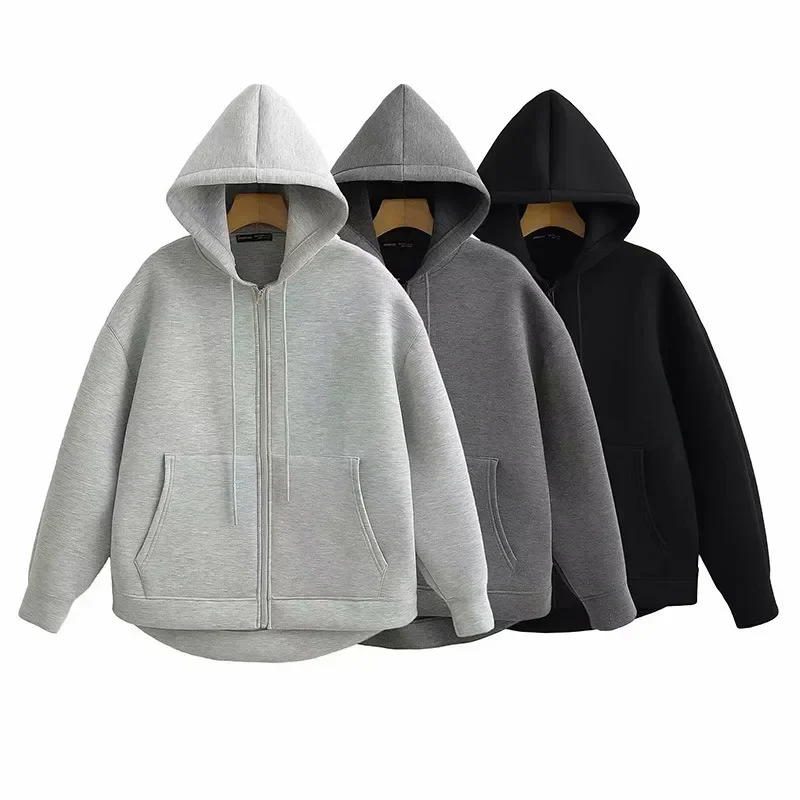 Gray Jacket With Hat Autumn Winter Woman Loose Casual Outerwear Coat Tops Women Long Sleeve Big Pocket Zipper Jacket Coat