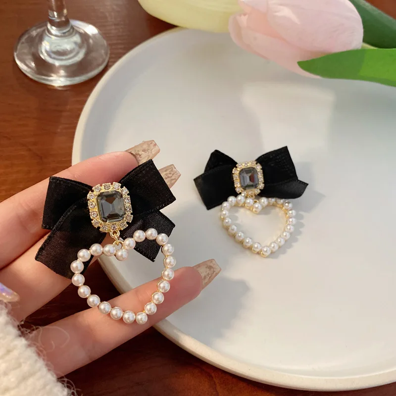 Bow Clip Earrings For Women Retro Rhinestone Black BowKnot Heart Shaped Party Jewelry