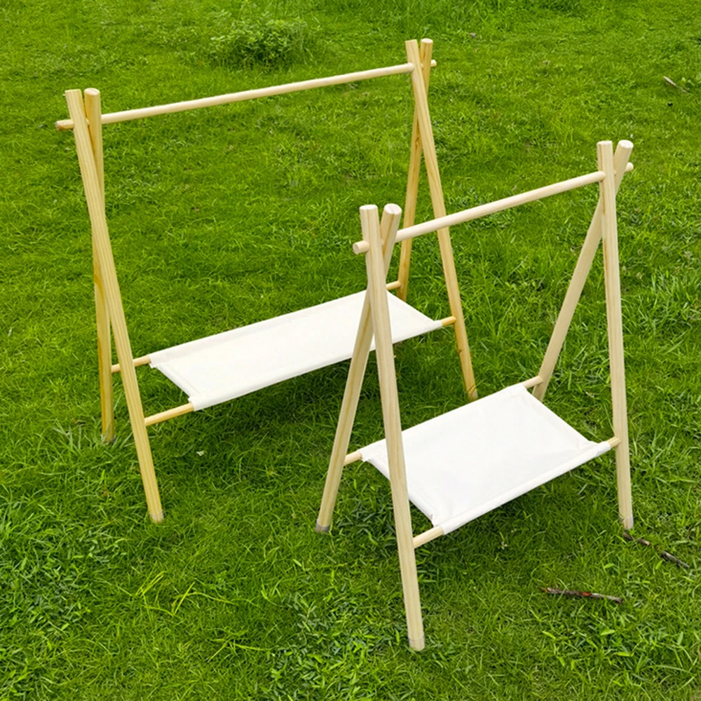

Camping Triangular Hanging Rack Outdoor Wood Cookware Hanging Rack with Hooks Storage Bag