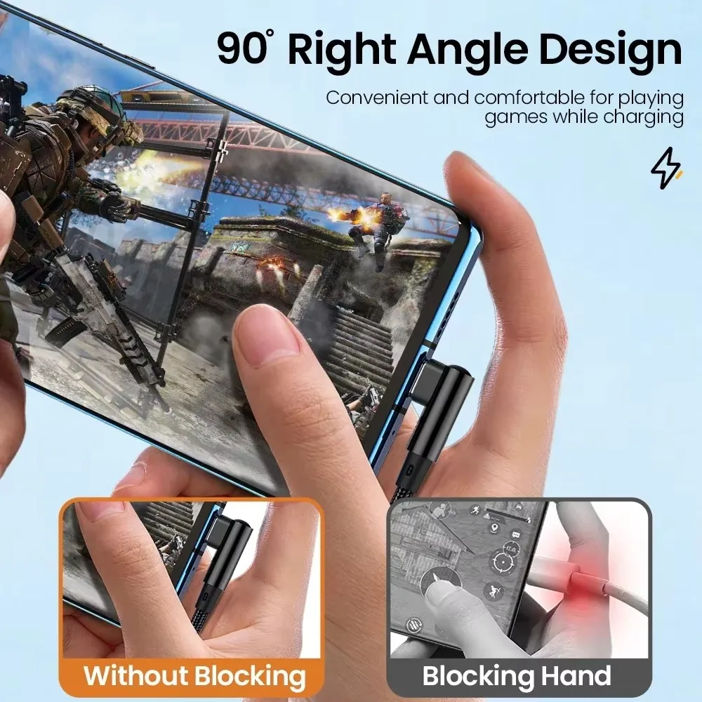 6A 66W USB C Fast Charging Cable 90° Right Angle for iPhone Xiaomi 14 Redmi Huawei OPPO Samsung Gaming Phones Nylon Braided Cord