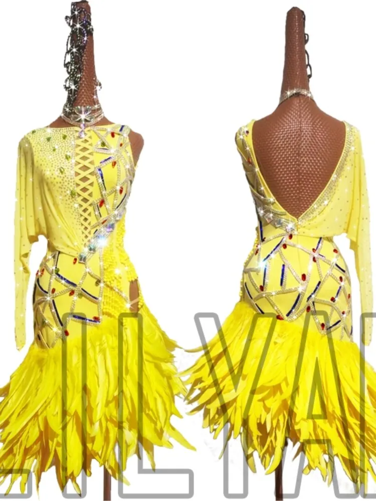 

New Latin Dance Performance Competition Art Exam Dress For Adult And Children Pure Yellow Sparkling Diamond Tube Feather Skirt