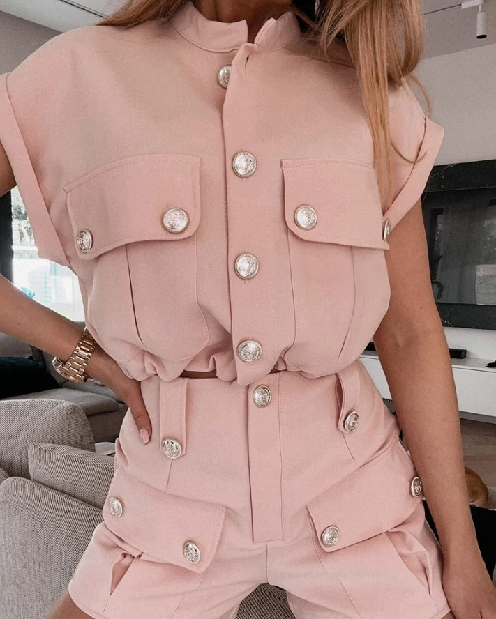 

Two Piece Set Women Outfit 2024 Summer Fashion Pocket Design Buttoned Stand Collar Short Sleeve Top & Casual Daily Shorts Set