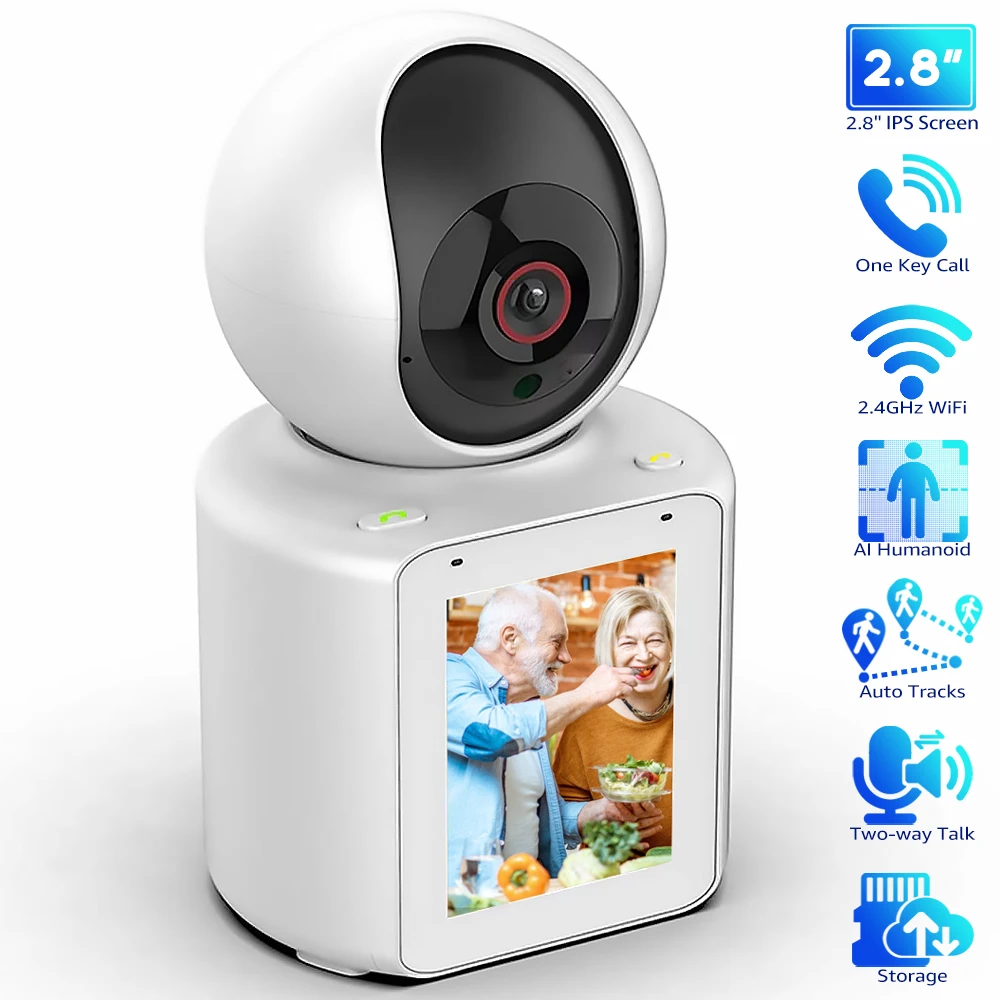 2.8 İnç IPS Ekranlı Görüntülü Arama Akıllı Wifi Kamera FHD 1080P Tek Tuşla Arama IP Kamera İki Yönlü Görüntülü Konuşma Yaşlı / Bebek Monitörü İçin Kablosuz PTZ Kamera
