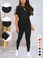 Women's Side-Striped Summer Sportswear Set Short Sleeve Long Pants Breathable Base Layer Clothing Colorful Casual Outfit - Image 3