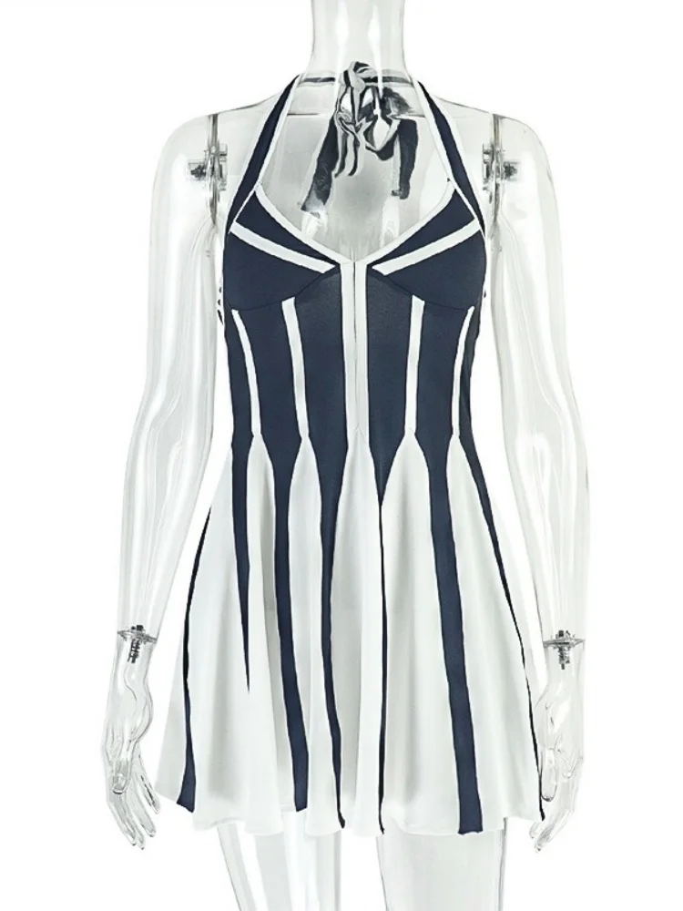 Wmstar Dress Women Wholesale Foreign Trade Black White Contrasting Color Spliced A Line Neck V Neck Leader Short Fitted Trend