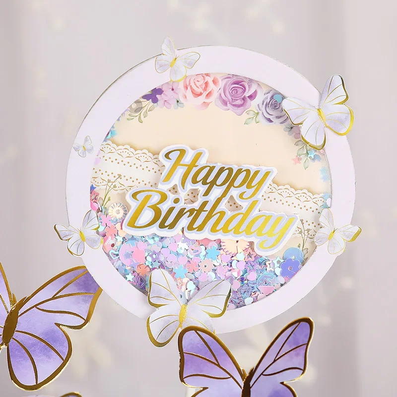 Happy Birthday Sequins Round Butterfly Cake Topper Cake Decoration Simulation Butterflies Wedding Cake Decorating Supplies