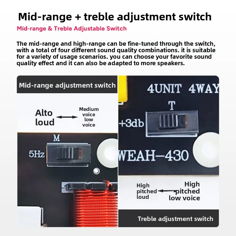 MW Audio 300W 4-Wege-Lautsprecher-Frequenzweiche, einstellbarer Hoch-/Mittel-/Tiefton-Teiler für professionelle Audiosysteme, 2 Stück/Set. – Detail 8