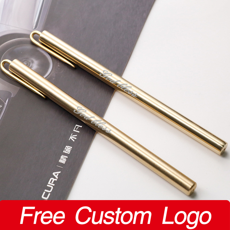 2Pcs Pure Brass Gel Pen with Pen Clip Custom Logo Metal Signature Neutral Pen Office School Supplies Writing Stationery