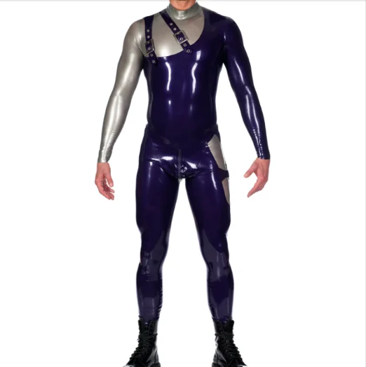 

Latex Rubber fashion Blue black color matching Jumpsuit men's role-playing party racing uniform hand customized 0.4mm XS-XXL