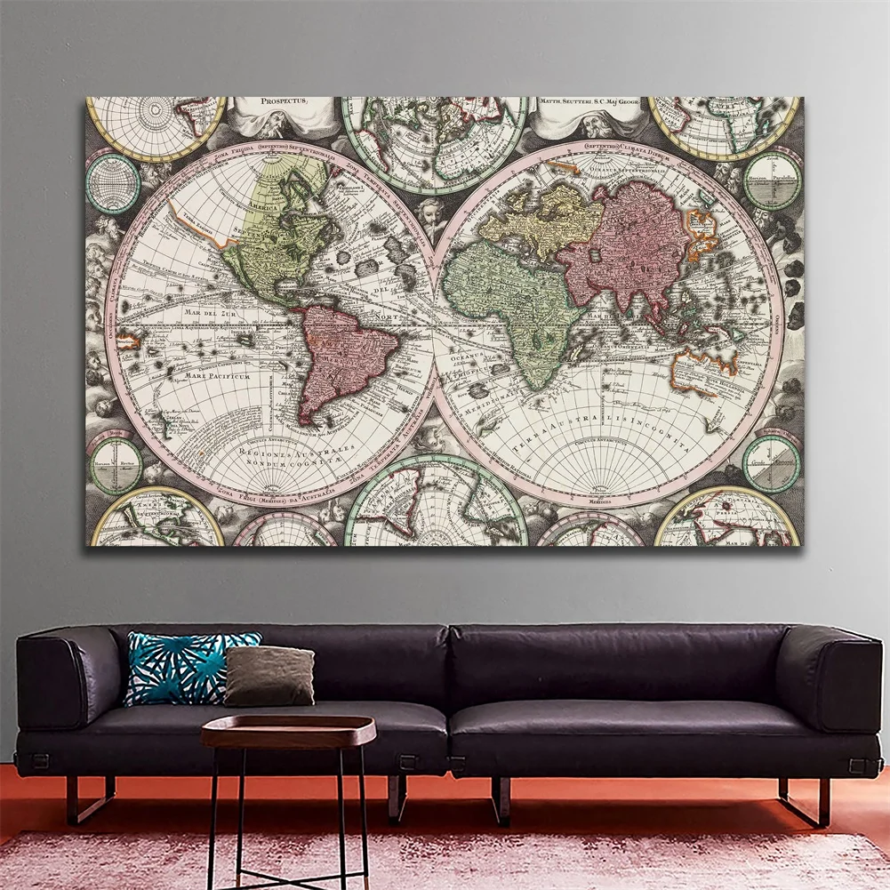 The World Map Retro Poster Non-woven Canvas Painting Wall Art Prints Living Room Home Decoration School Office Supplies 59*42cm