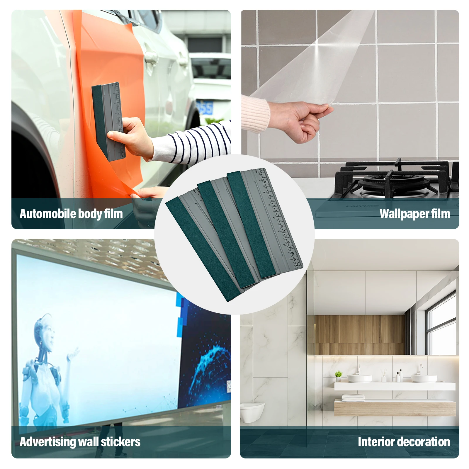 Razor Blade Scraper Car Wrapping Tools Automotive Film Tools Suede Felt Cloth Squeegee with Ruler Vinyl Wrap Car Scraper Graphic Wallpaper Film Install Measuring Tools 6/8/10/12Inch