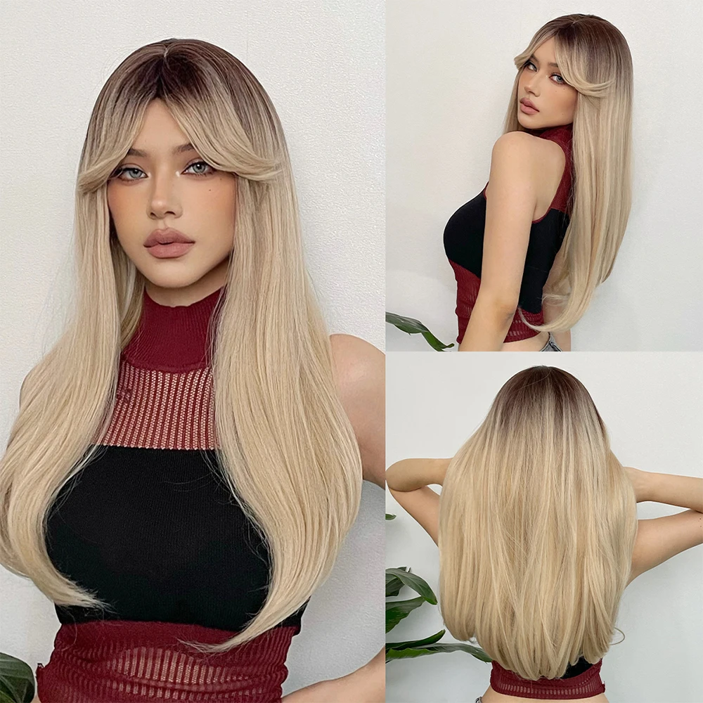 HENRY MARGU Long Blonde White Ombre Synthetic Wig With Bangs Straight