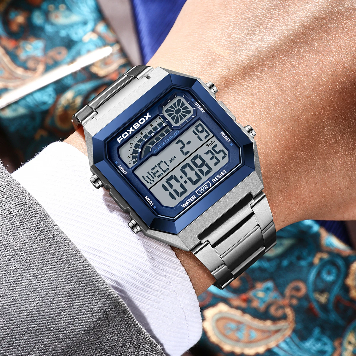 FOXBOX Luxury Square Stainless Steel Waterproof Digital Watch