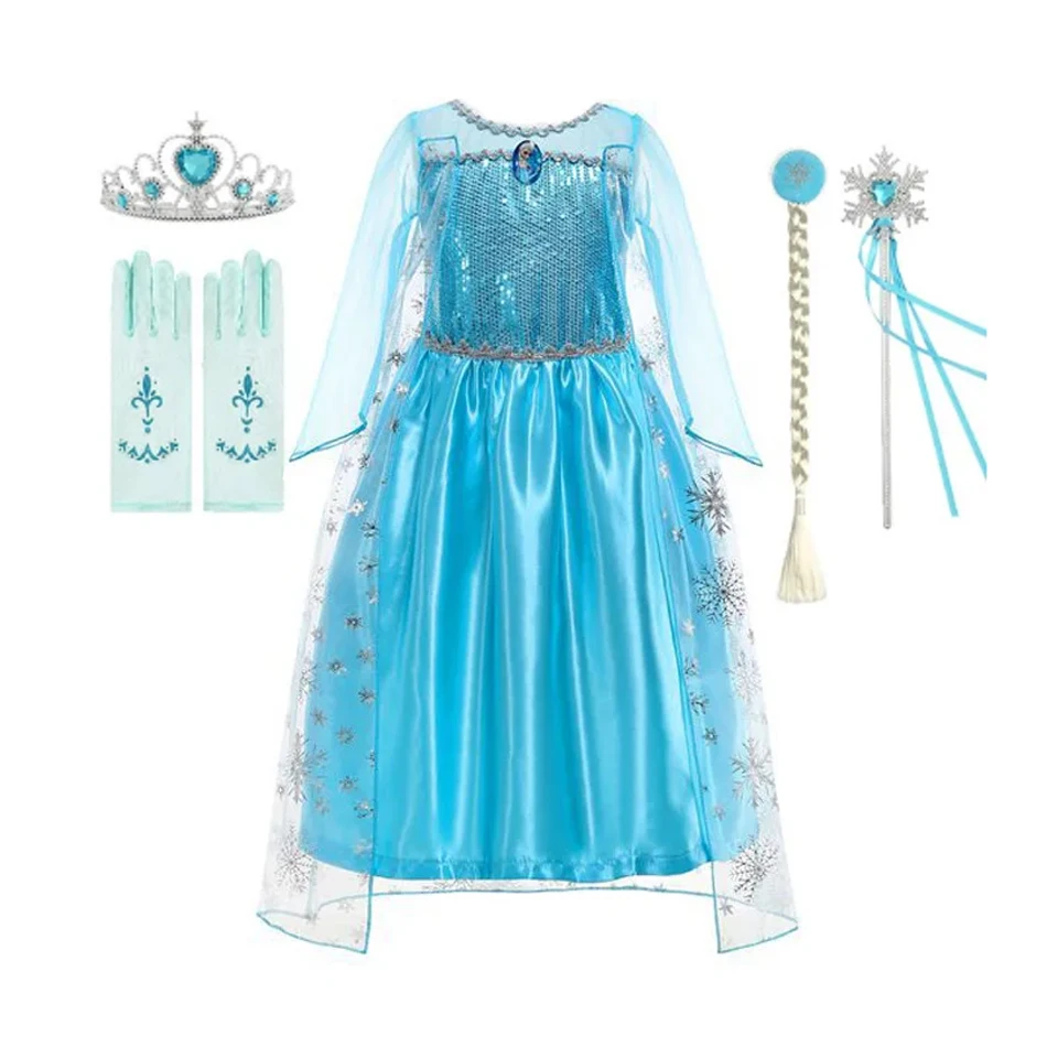 thumbnail image 1 of Disfraz de princesa para niña, disfraz de Elsa con lentejuelas, fantasía, para niños, cosplay, ropa en capas, vestido de reina de las nieves para Halloween, 1 of 5