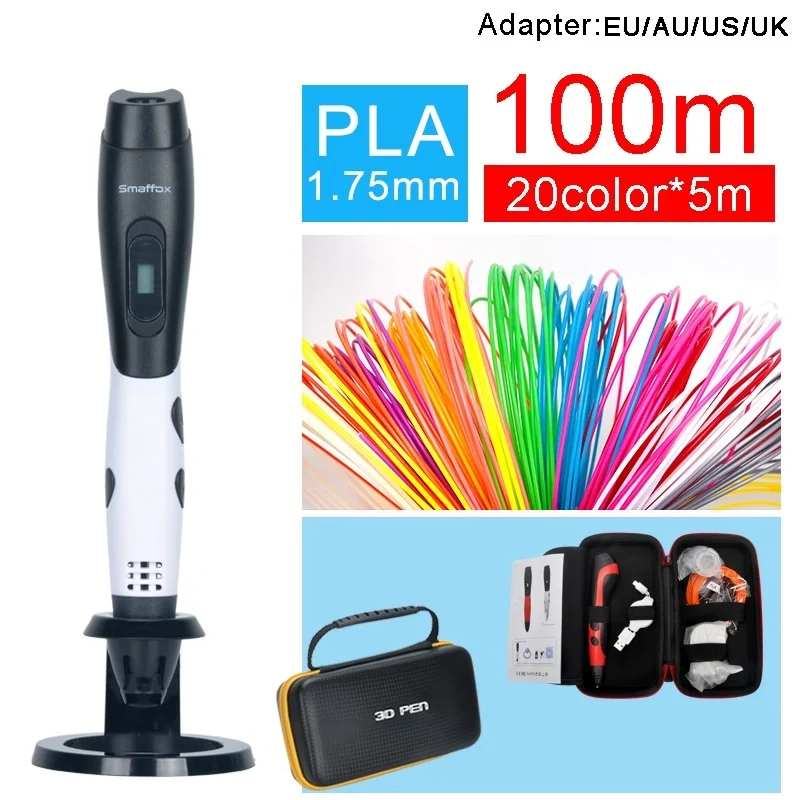 상단 3D 펜 + 100 계량기 PLA 필라멘트 DIY 드로잉 펜, LCD 디스플레이 인쇄 펜, 3D 프린터 펜, 속도 조절 가능